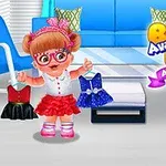 A cheerful baby character with glasses and pigtails holds two colorful dresses in a brightly-lit living room, featuring a blue couch and a modern design, accompanied by the text Baby Ava Daily Activities