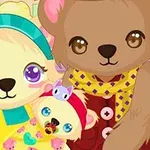 A cute cartoon-style illustration featuring a smiling light-colored bear with a flower headband, holding a baby bear doll, alongside a brown bear wearing a colorful scarf and patterned shirt, all set against a colorful, playful background