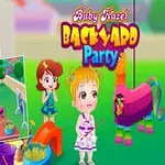 The image features animated characters from Baby Hazel celebrating at a colorful backyard party, showcasing piñatas, decorations, and a lively outdoor setting