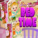 The image features a cheerful cartoon baby, Baby Hazel, in a blue pajamas sitting on a chair, highlighted by colorful bedtime themes, including toys and a bedtime storybook, with the text Baby Hazel BED TIME prominently displayed