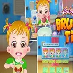 The image features a colorful promotional graphic for the Baby Hazel: Brushing Time game, depicting Baby Hazel with pigtails, smiling while holding a toothbrush and candy, alongside screenshots of gameplay elements related to brushing teeth