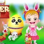 A cheerful animated girl wearing bunny ears smiles while holding a basket of Easter eggs, surrounded by a cute yellow egg character, a bunny, a chicken, and a playful kitten, all set in a vibrant outdoor background