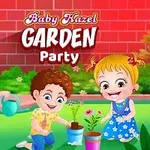 A colorful illustration featuring three animated children, including a girl with orange hair and a blue dress, a boy with curly hair, and another girl with blonde hair, happily engaged in a garden party while planting flowers