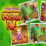 The image features a colorful scene from the Baby Hazel Gardening Time game, showcasing a cheerful young girl with pigtails in a garden setting, surrounded by plants, gardening tools, and multiple game snapshots highlighting various activities