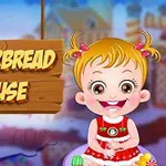 A cheerful cartoon girl with blonde pigtails is smiling in front of a wooden sign that reads GINGERBREAD HOUSE, set against a whimsical, colorful background