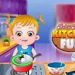 A colorful cartoon scene featuring a young girl cooking in a kitchen, with the title Baby Hazel Kitchen Fun prominently displayed