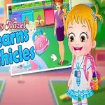 The image features the colorful title Baby Hazel Learns Vehicles, showcasing the character Baby Hazel with a bright smile, surrounded by scenes of children playing and various vehicles in a vibrant setting