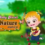 The image features two cartoon characters, a girl with a camera and another child picking apples, set against a vibrant green nature background, with a sign reading Baby Hazel Nature Explorer