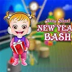 The image features two cartoon girls, one with headphones holding a gift and the other wearing a panda hat, set against a colorful background with festive decorations and the text Baby Hazel New Year Bash