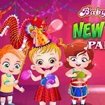 A colorful illustration featuring three cartoon children celebrating New Years Eve, with festive decorations and party hats, and the text Baby Hazel New Year Party prominently displayed