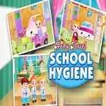 The image features a colorful cartoon scene promoting Baby Hazel School Hygiene, showcasing Baby Hazel and her friends engaged in school activities, with playful visuals and a vibrant classroom background