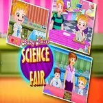 The image features a cheerful cartoon character named Baby Hazel, holding a science project for a school fair, with a colorful background displaying various scenes of a science fair, including other characters and experiments