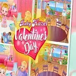 The image features Baby Hazel, a cute cartoon character, celebrating Valentines Day with pastel colors, heart motifs, and a playful setting filled with decorations and cheerful elements