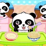 A cute animated panda sitting at a green table, excitedly eating noodles with a fork, surrounded by thought bubbles showing various food items