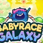 A colorful and whimsical logo for Baby Race Galaxy, featuring a cute blue character with pink hair and candy-themed elements in a vibrant, fantastical background