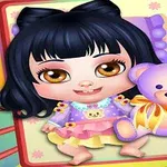 A cute cartoon girl with big brown eyes and black hair, wearing a colorful outfit, smiles while holding a purple teddy bear, set against a bright, playful background