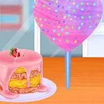 A colorful, layered cake with pink icing and a strawberry on top, accompanied by a large, whimsical cotton candy on a stick, set against a bright, cheerful background