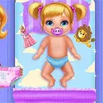 A cartoon girl holds a pair of pink underwear while looking at a baby doll in a blue diaper, surrounded by toys and a colorful nursery backdrop