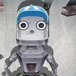 A cartoonish gray robot with large eyes and a blue striped cap stands in a stylized, minimalistic environment filled with abstract shapes and objects