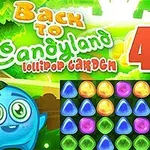 An animated image featuring a cute blue character against a vibrant green background with the text Back to Candyland 4: Lollipop Garden and a colorful grid of gem-like shapes below