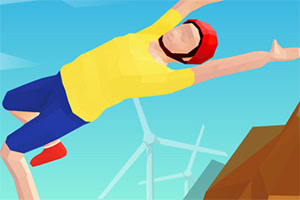A stylized cartoon person in a yellow shirt and blue shorts jumps sideways across a bright sky with wind turbines in the background