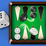 A wooden board with a green surface featuring black and white game pieces positioned along diamond-shaped points, accompanied by two dice on opposite sides