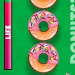 A colorful graphic featuring three donuts with pink icing and sprinkles on a green background, accompanied by a LIFE progress bar on the left and the word DONUTS!