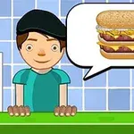 An animated character stands behind a counter in a kitchen, excitedly displaying a speech bubble with a colorful burger illustration, featuring multiple layers including cheese and onions