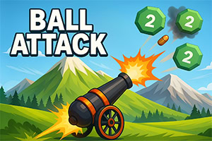 Cartoon cannon firing at floating green numbered blocks against a mountain landscape, with bold BALL ATTACK text