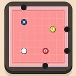 A digital game board featuring a square layout with four colored balls (blue, red, yellow, and white) positioned inside a pink playing area bordered by black corners