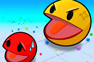 Two colorful cartoon spherical characters on a grid floor, a red one with a sweat drop and a yellow one with an angry expression and open mouth, with scattered multicolored dots in the background