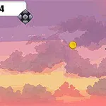 The image depicts a colorful sky at sunset with clouds, featuring a volleyball and coins floating among geometric shapes, suggesting a video game interface with a score display