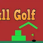 A colorful graphic featuring the words Ball Golf in bold, playful font against a red background, with green geometric shapes resembling a house and blocks, and a golf tee with a ball in the foreground