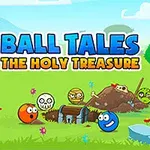 A colorful and whimsical landscape featuring animated balls, skulls, and a treasure chest, under a bright sky with fluffy clouds, depicting the game Ball Tales: The Holy Treasure