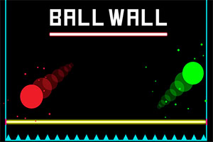 A dark background features two colorful circular shapes, one red and one green, positioned at opposite sides, with a horizontal yellow bar along the bottom and a segmented blue line above it, and the words BALL WALL displayed prominently at the top