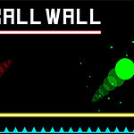 A dark background features two colorful circular shapes, one red and one green, positioned at opposite sides, with a horizontal yellow bar along the bottom and a segmented blue line above it, and the words BALL WALL displayed prominently at the top