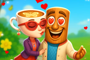 A woman with a coffee cup for a head wearing heart-shaped sunglasses leans in for a kiss with a smiling wooden character, both surrounded by hearts and a colorful outdoor setting filled with flowers and greenery