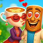 A woman with a coffee cup for a head wearing heart-shaped sunglasses leans in for a kiss with a smiling wooden character, both surrounded by hearts and a colorful outdoor setting filled with flowers and greenery