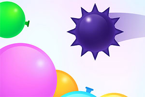 A colorful arrangement of balloons in various sizes, including green, pink, yellow, and blue, with a spiky purple object resembling a sun or star in the background