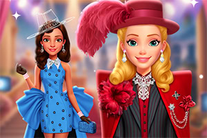 Two elegantly dressed women stand side by side; one in a blue polka-dot dress with a large bow and the other in a red ensemble with a feathered hat, both showcasing glamorous accessories against a vibrant, blurred background
