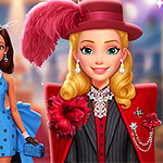 Two elegantly dressed women stand side by side; one in a blue polka-dot dress with a large bow and the other in a red ensemble with a feathered hat, both showcasing glamorous accessories against a vibrant, blurred background