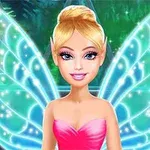 A smiling fairy with blonde hair and sparkling blue wings, wearing a pink dress, set against a magical, lush green background