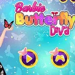 The image features a cartoon character resembling a fashionable blonde girl in a sparkly black dress adorned with butterflies, with a colorful title text reading Barbie Butterfly Diva and game buttons for play, set against a whimsical pastel background