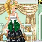 A fashionable cartoon character stands in a stylish room, wearing a white top and a vibrant green waist sash, paired with a flowing patterned skirt, and adorned with a floral hat, set against elegant curtains and decor