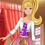 A stylish animated doll with long blonde hair, wearing a floral-patterned dress and a white cardigan, poses in a room with red curtains and large windows