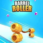 The image features the title Barrel Roller prominently displayed above a 3D representation of a connected barrel-like structure, with colorful gems scattered against a vibrant blue background