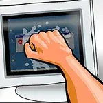 An illustration of a clenched fist hitting a computer monitor, symbolizing frustration with technology or computer issues