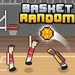 A pixel art styling features four characters in a basketball court, two attempting to score while the other two are jumping for a basketball, with the title Basket Random prominently displayed above