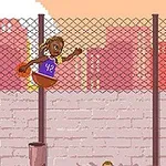 An animated scene shows a basketball player wearing a purple jersey with the number 42, jumping toward a hoop against an urban backdrop with a chain-link fence and graffiti