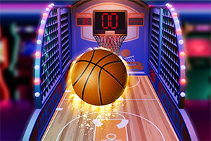 A glowing arcade basketball shooting lane with a large basketball in midair near the hoop, bright LED lights, and a digital scoreboard